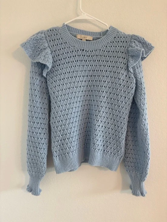 LOFT Pastel Blue Shoulder Ruffle Open Knit Sweater Size - Picture 3 of 9
